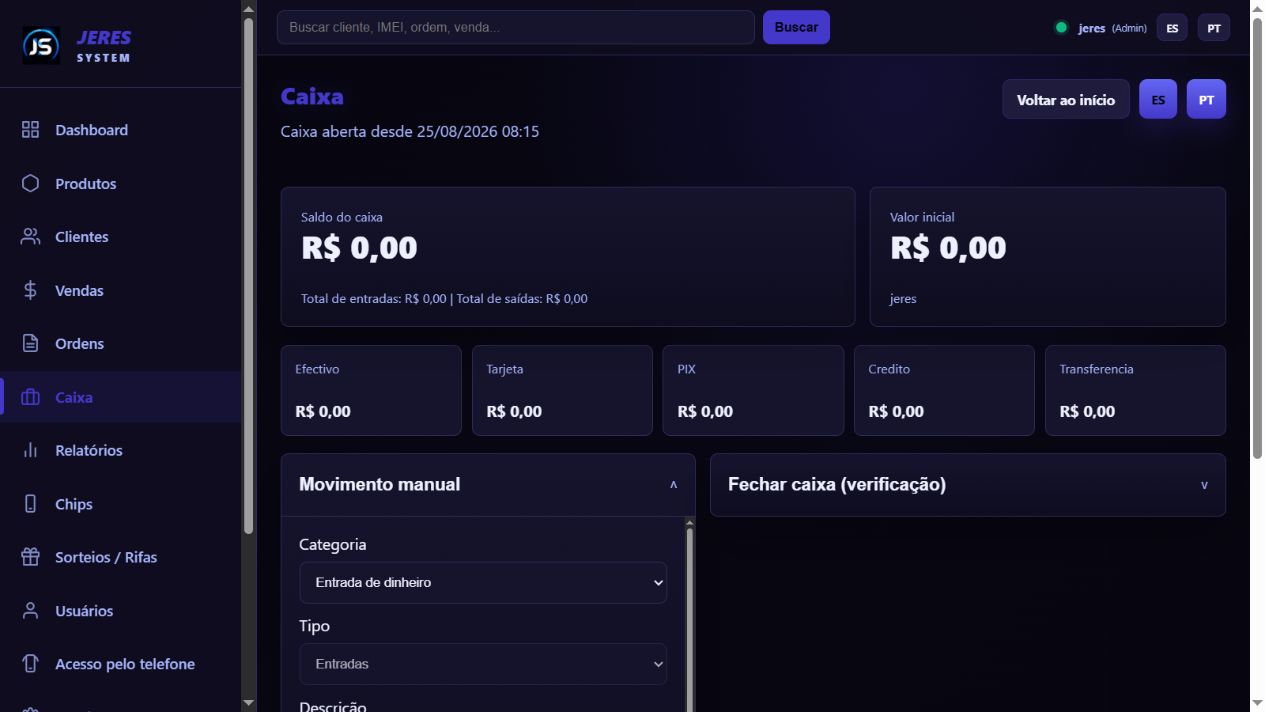 Controle de caixa do JERES SYSTEM