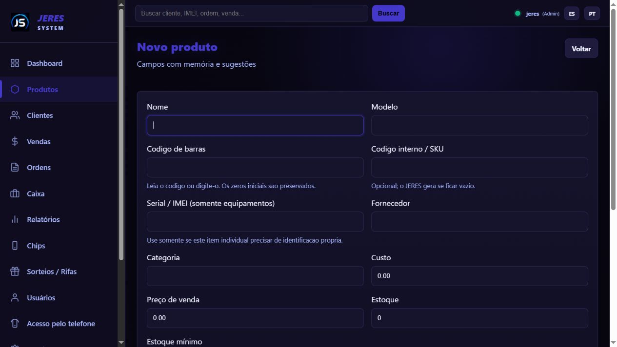 Tela de produtos e estoque do JERES SYSTEM