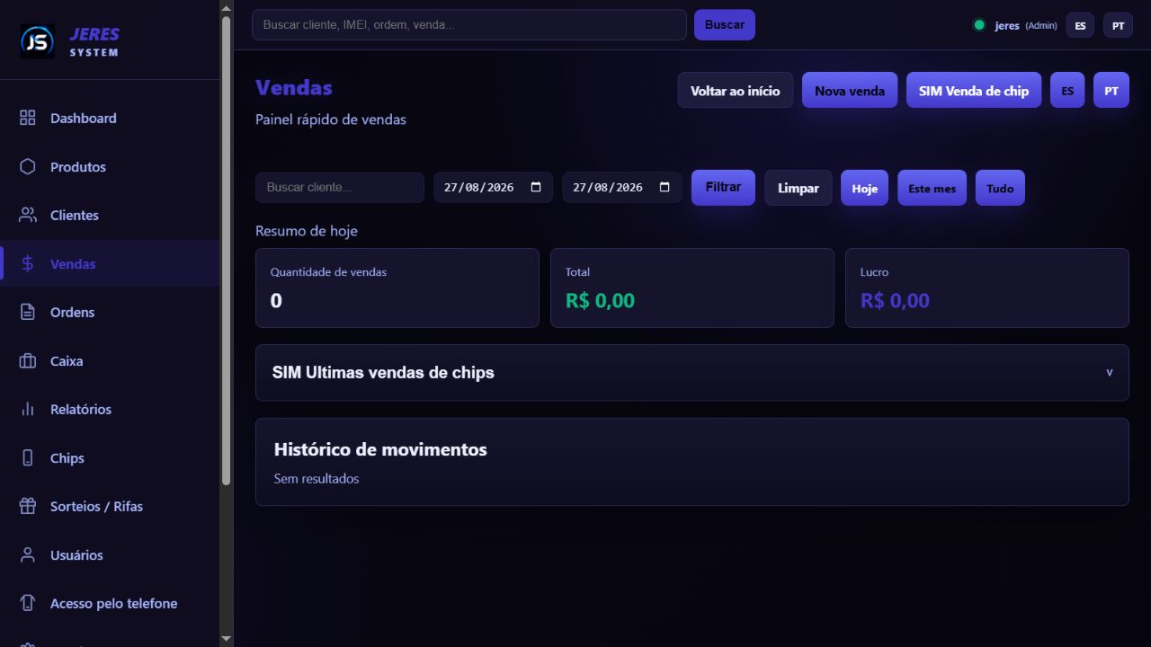 Painel de vendas do JERES SYSTEM